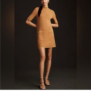 MAEVE Annelise Tan Short Sleeve Knit Sheath Dress with Lime Green Trim & pockets